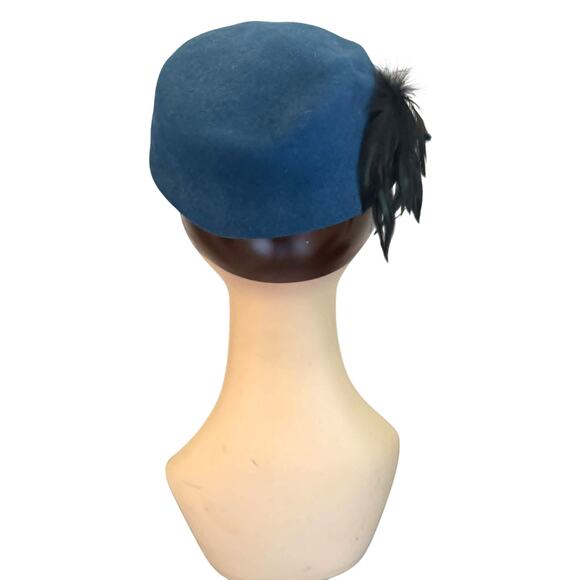 Vintage 80s Liz Claiborne Accessories Blue Wool Felt Pillbox Hat Feather USA main image 4